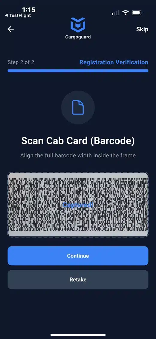 CargoGuard driver app capturing the cab card barcode to complete registration verification.