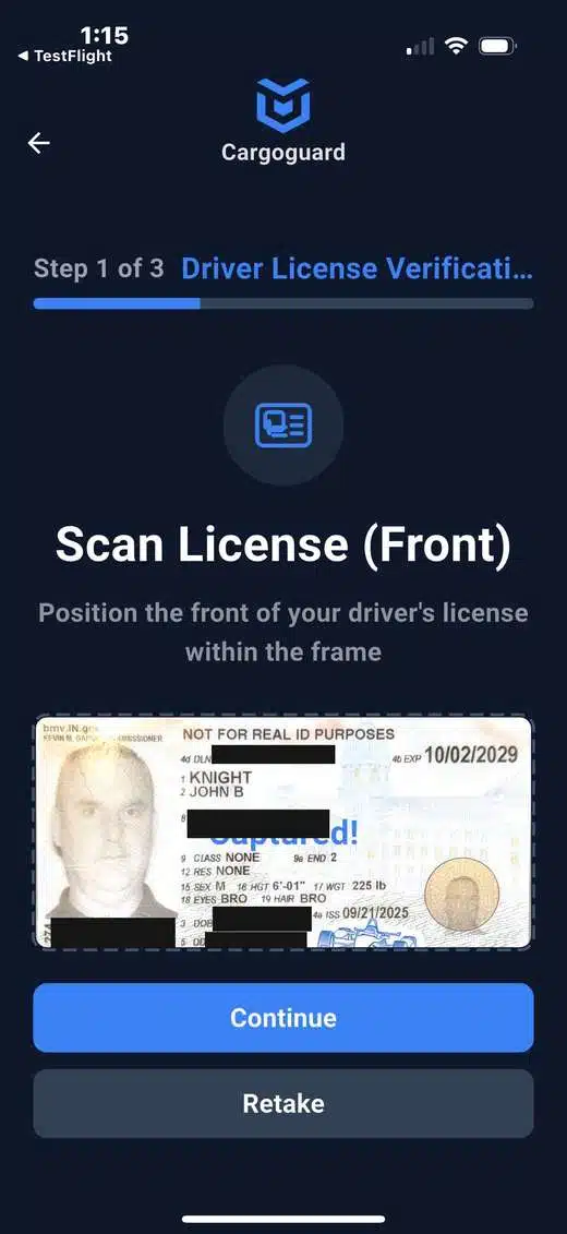 CargoGuard driver app prompting the driver to scan the front of their license.