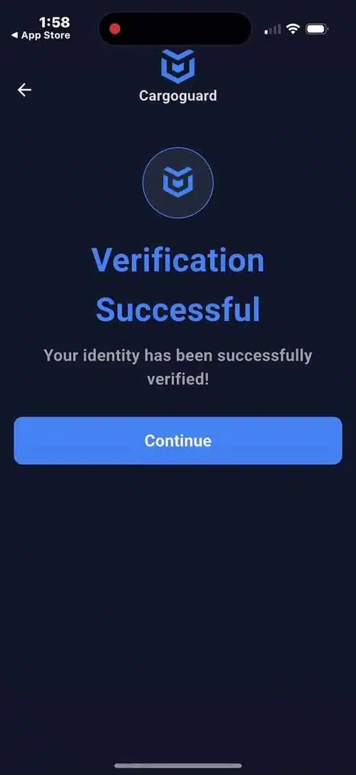 CargoGuard driver app displaying Verification Successful.