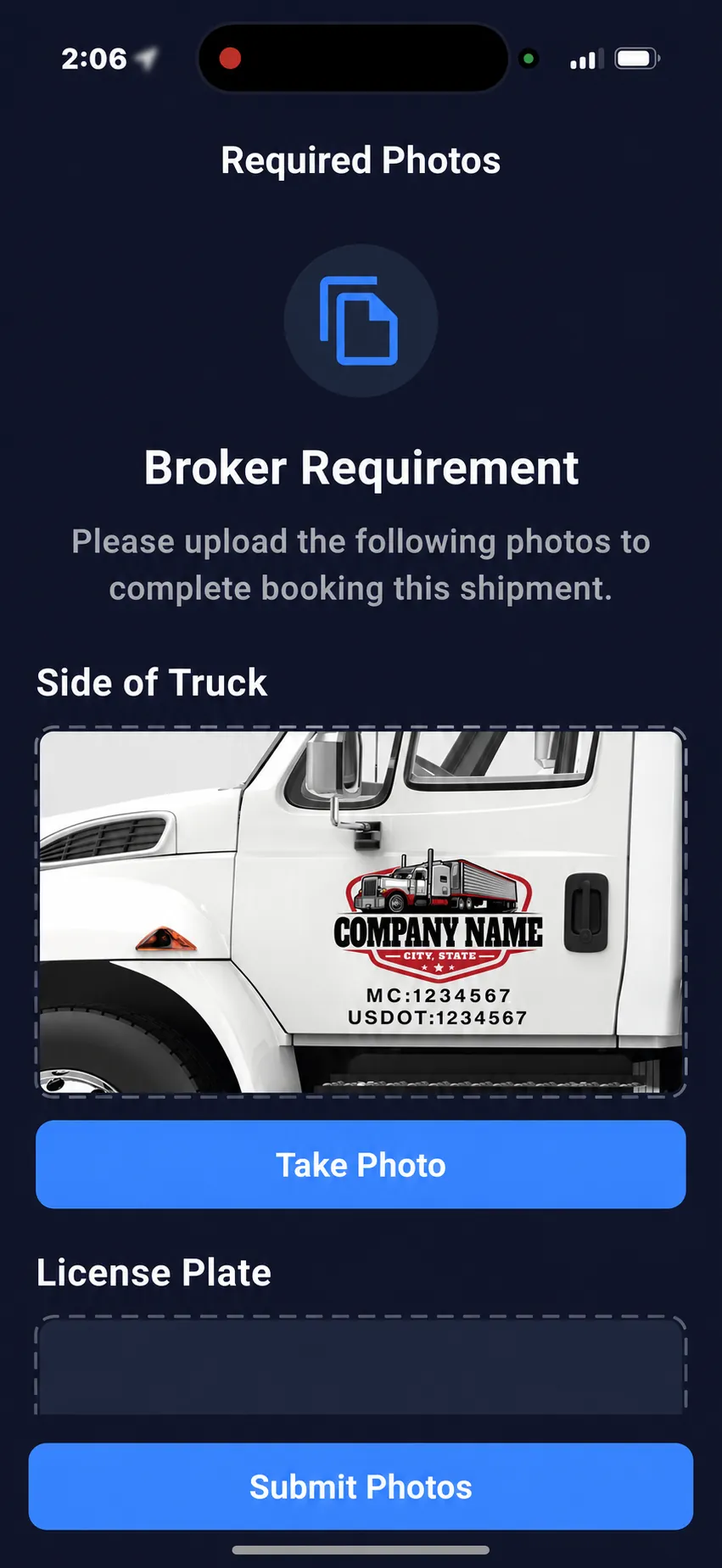 CargoGuard Broker Requirement screen showing a semi-truck door with carrier, MC and USDOT information.