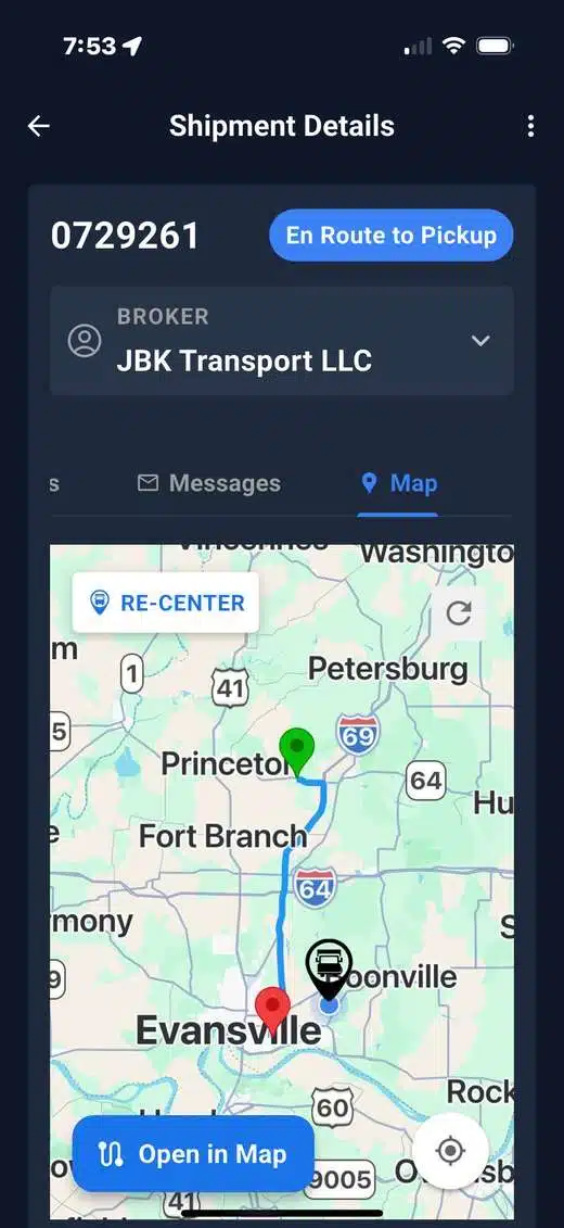 CargoGuard driver app showing the shipment map and route to pickup.