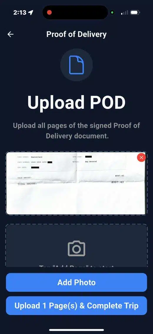 CargoGuard driver app with an uploaded proof-of-delivery document.