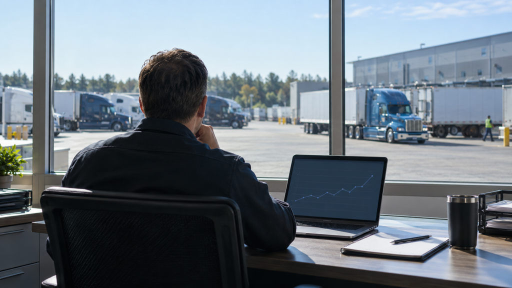 Logistics manager reviewing tender rejections while overlooking an American truck yard