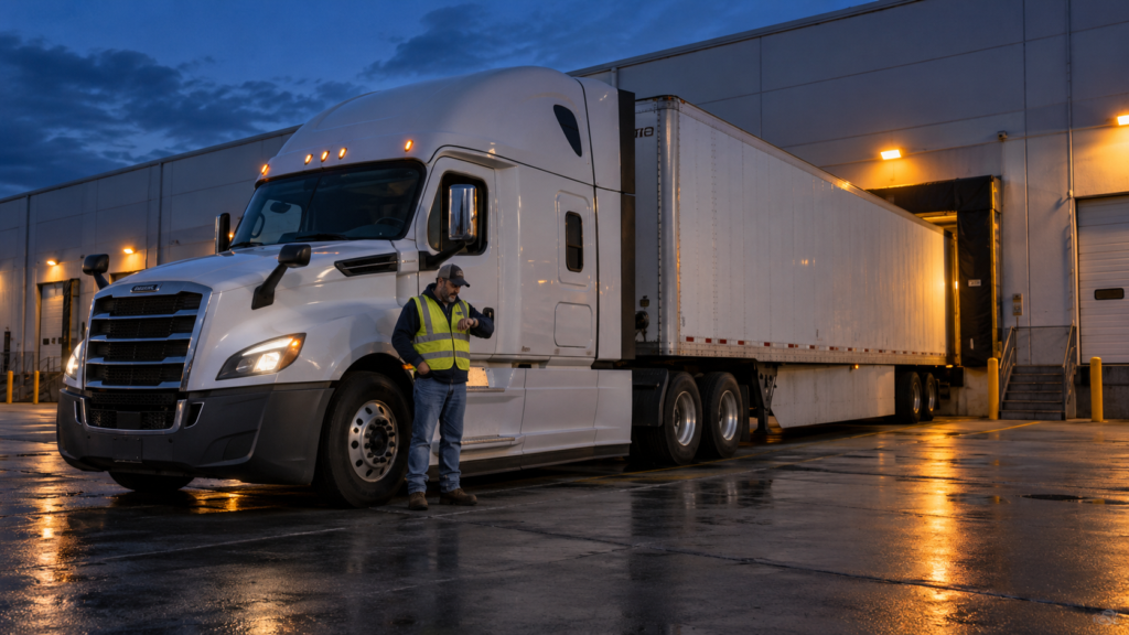 Driver checking the time beside a semi waiting at a warehouse for truck detention pay