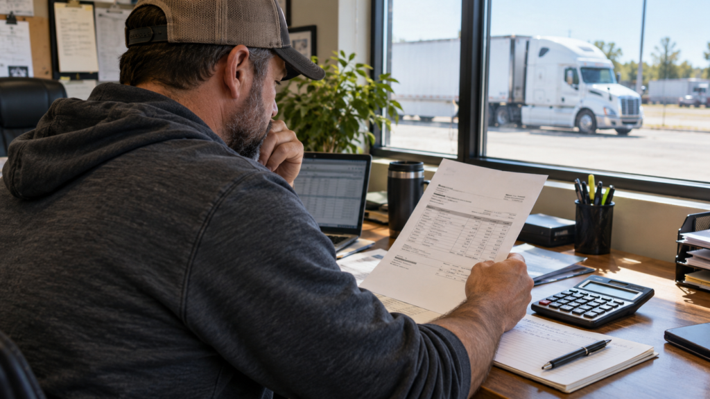 Carrier owner reviewing freight broker payment terms on an invoice at a dispatch desk