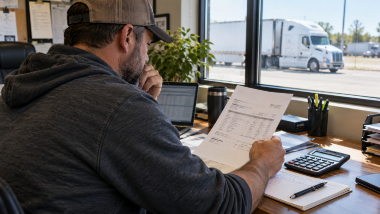Carrier owner reviewing freight broker payment terms on an invoice at a dispatch desk