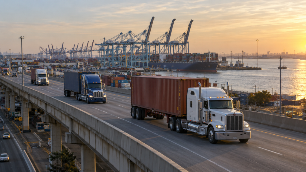American container trucks leaving a port as trade shifts affect truckload rates in 2026