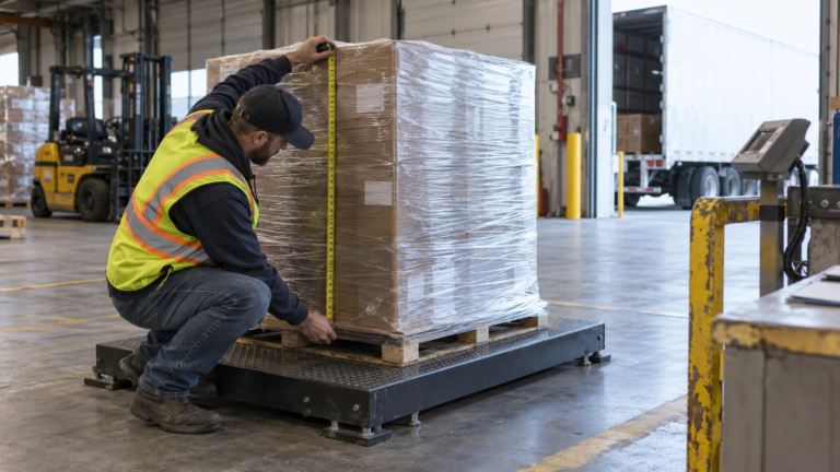 Warehouse worker measuring a pallet for LTL freight reclassification and density review