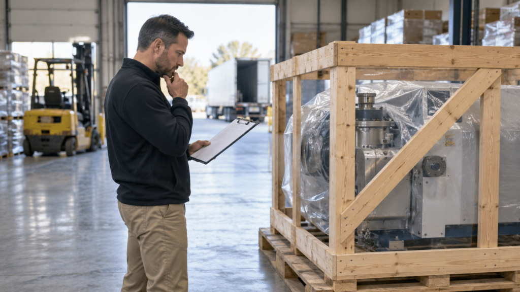 Freight manager reviewing a released-value clause beside a crated industrial machine
