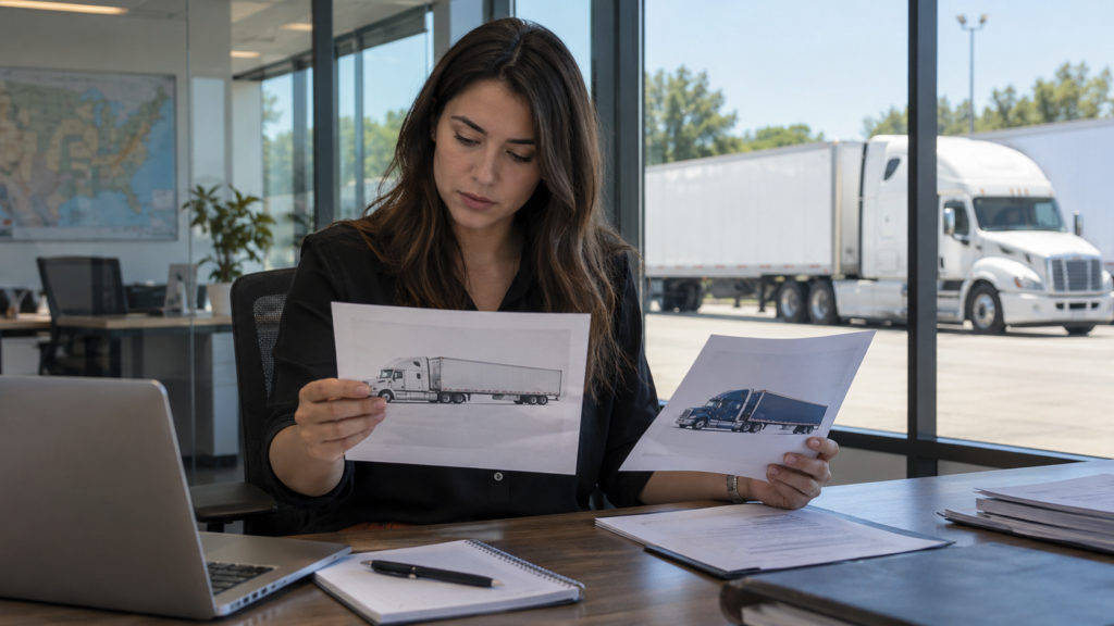 Broker comparing carrier records and equipment while screening for chameleon carriers