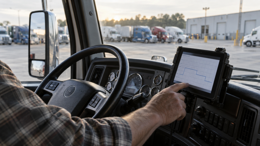 Driver reviewing an electronic logging tablet in a parked truck after checking revoked ELDs