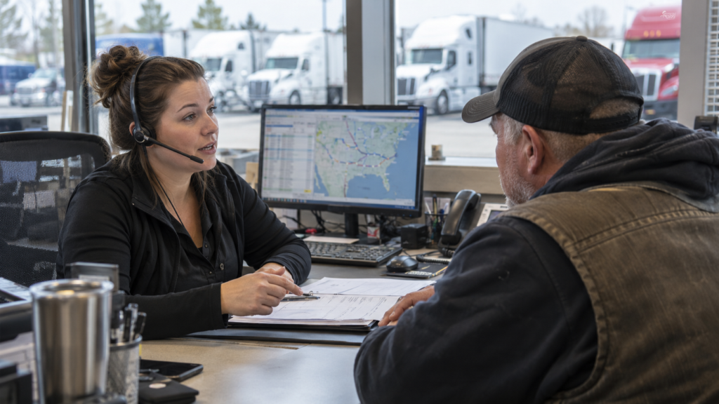 Dispatcher and carrier owner discussing dispatch service broker authority in a trucking office