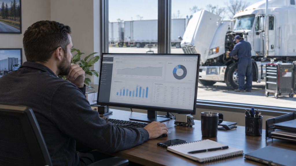 Safety analyst reviewing inspection data as a technician checks a truck for carrier selection