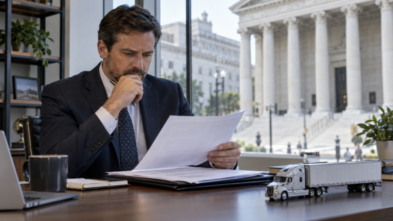 Freight risk manager reviewing insurance documents beside a courthouse window