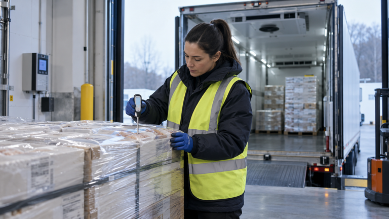 Food receiving specialist checking a refrigerated shipment for FSMA sanitary transportation review