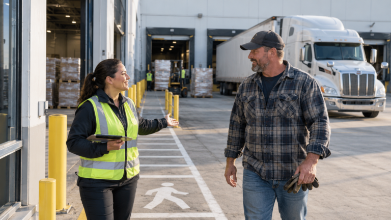 Warehouse coordinator welcoming a driver at an organized shipper-of-choice facility