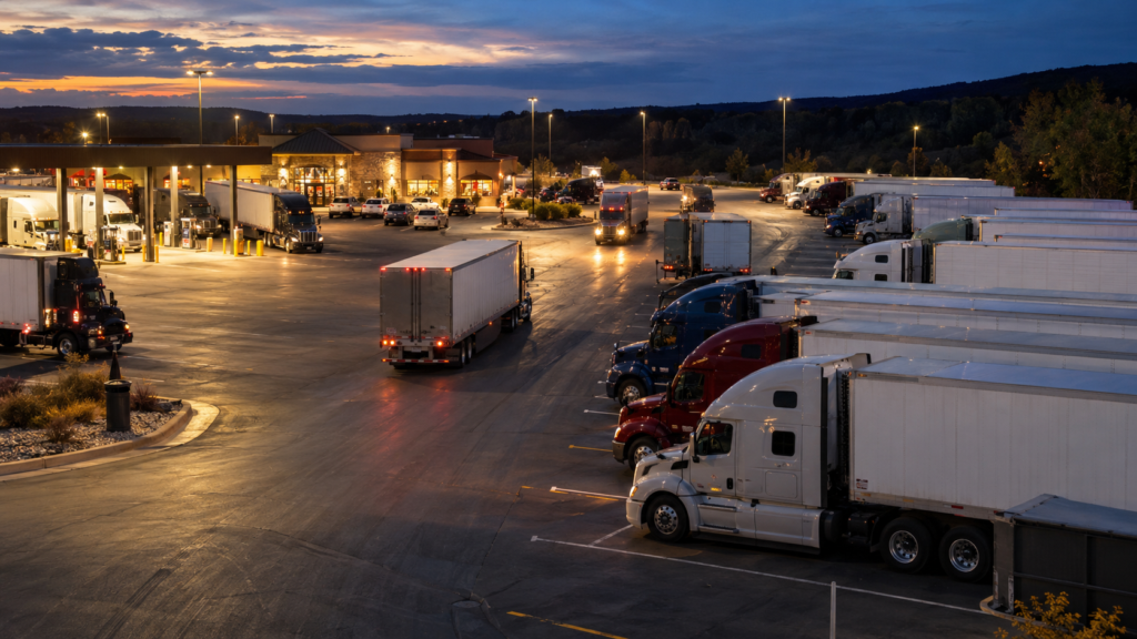 American tractor-trailers parked safely at a busy rest area during the truck-parking shortage