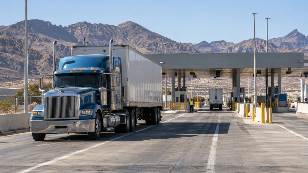 Conventional tractor-trailer approaching a U.S.–Mexico commercial border crossing