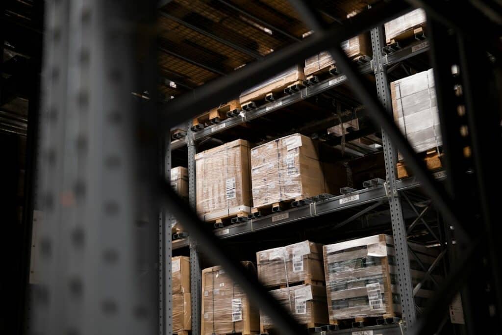 Palletized freight stored on warehouse racks