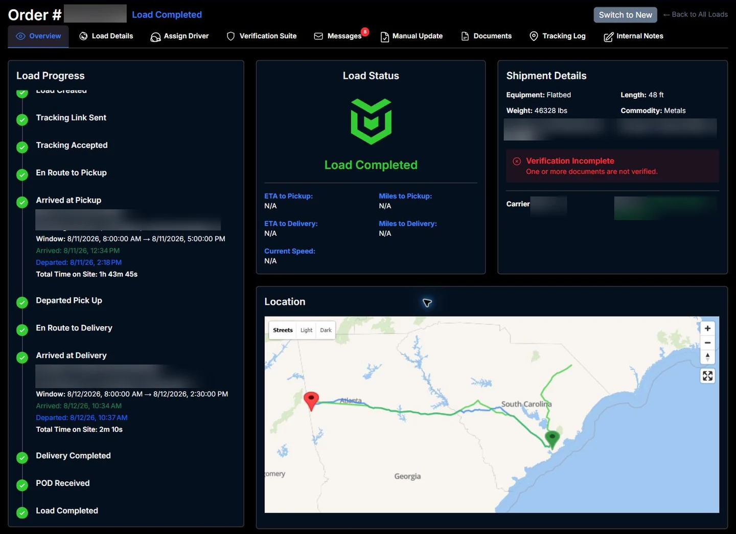 CargoGuard Overview in dark mode; private details obscured