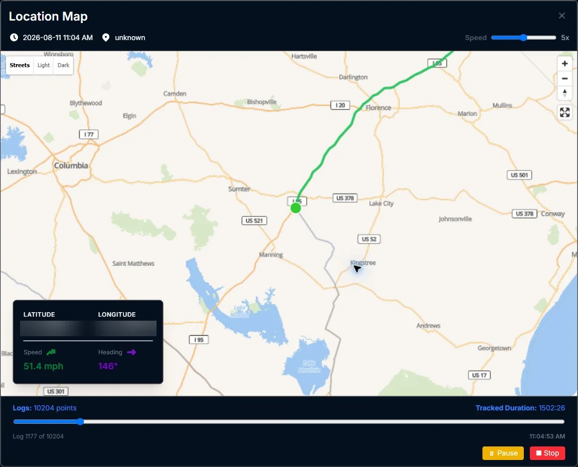 CargoGuard Tracking Log in dark mode; private details obscured