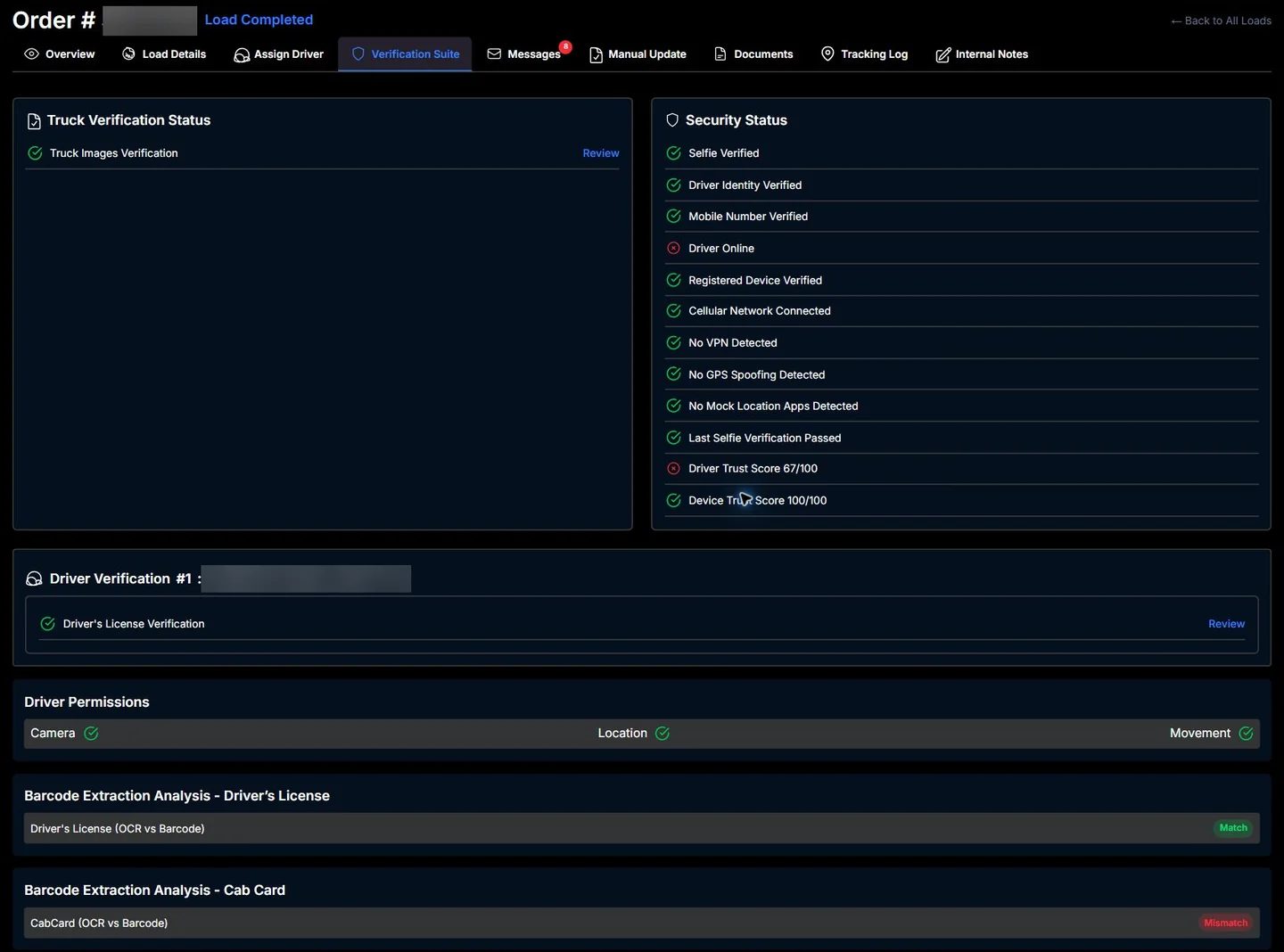 CargoGuard Verification Suite in dark mode; private details obscured