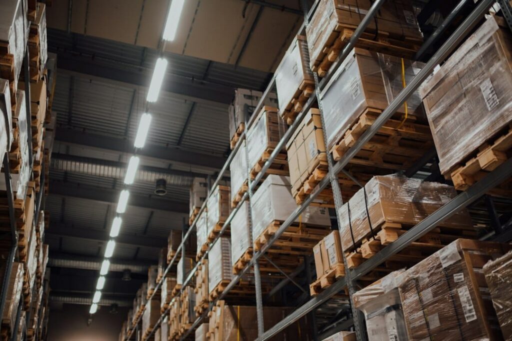Palletized freight stored on tall warehouse racks