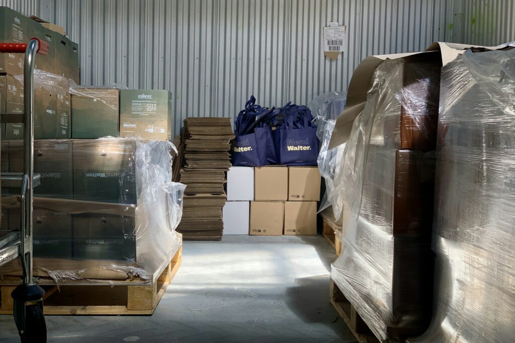 Boxes and bags arranged inside a storage warehouse