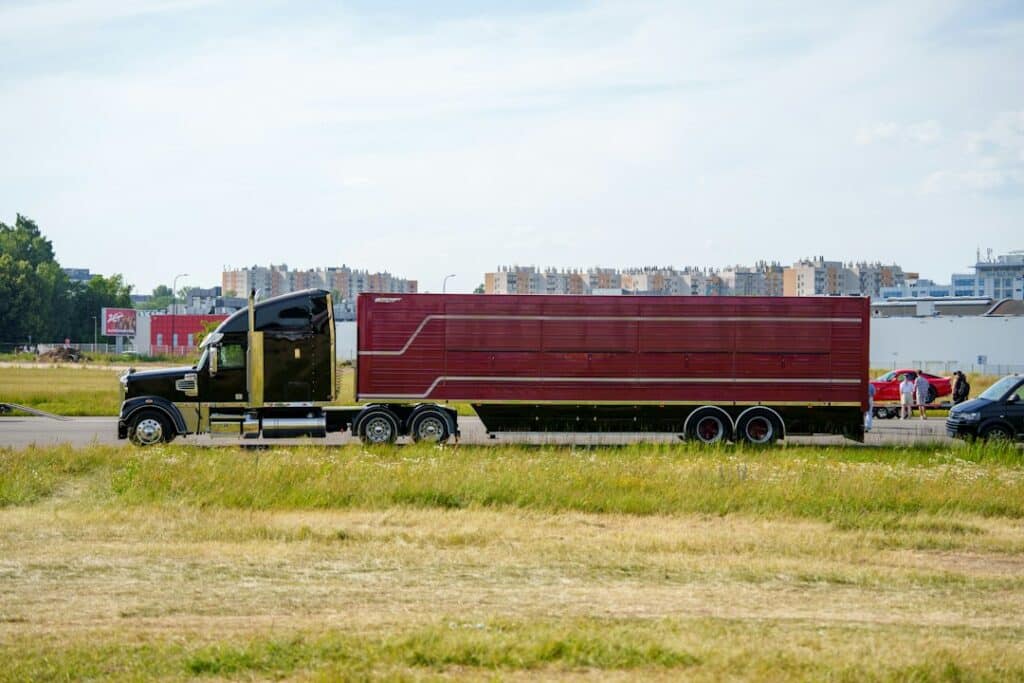Black semi truck with a red trailer parked beside a grassy field